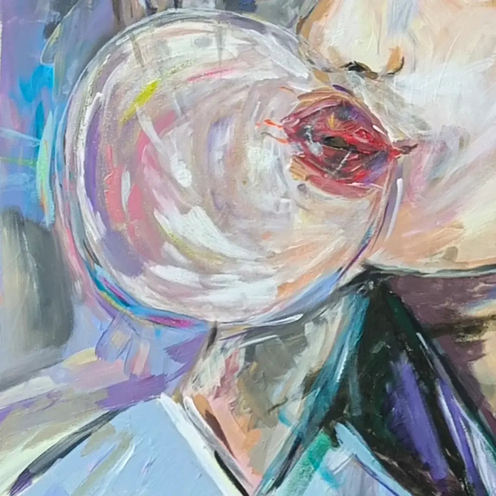 Detailaufnahme Bubble Gum – Leuchtend blaue Augen, rosa Kaugummiblase, expressiver Acrylauftrag, Maren Lüke-Amato | Kunst-Direkt.de
