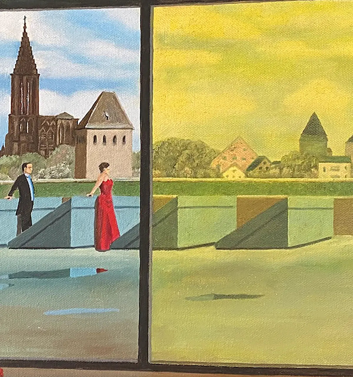 eine Frau im roten Kleid steht vor historischer Stadtkulisse, ein farbiges Raster liegt perspektivisch über dem Bild, Detail Personen, Ölgemälde, Gerd Pfanstiel, Kunst-Direkt.de