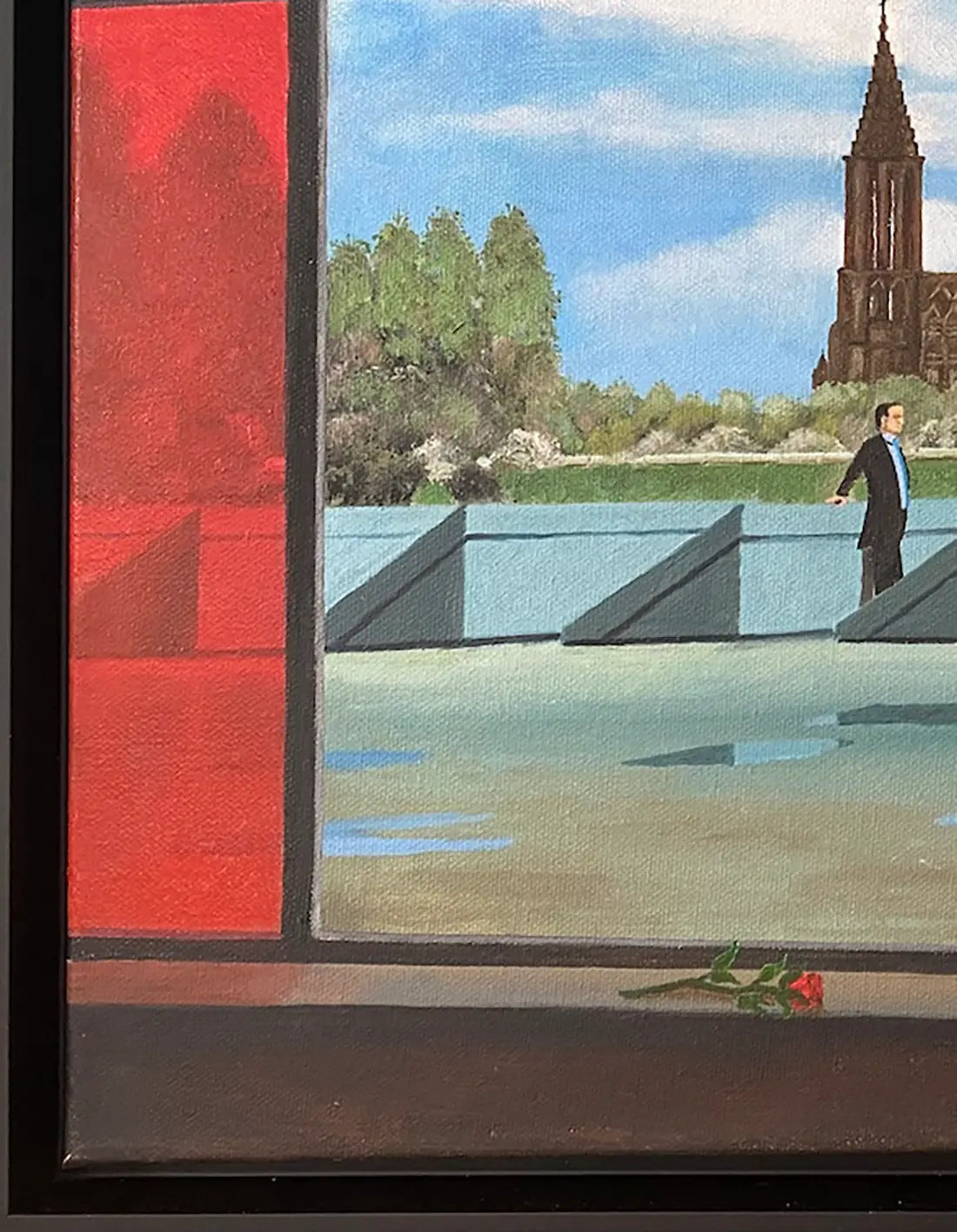 eine Frau im roten Kleid steht vor historischer Stadtkulisse, ein farbiges Raster liegt perspektivisch über dem Bild, Detail Struktur, Ölgemälde, Gerd Pfanstiel, Kunst-Direkt.de