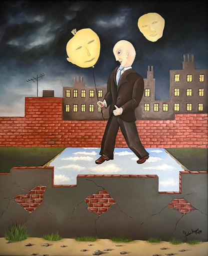 ein Mann wandert mit Mondballons durch eine Stadt, Surrealistisches Ölgemälde auf HDF PLatte, 70 x 60 cm, von Jochen Meyer, Kunst-Direkt.de