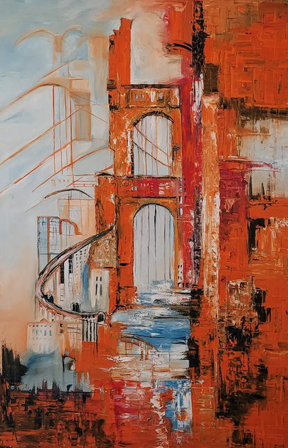 Die Brücke – Ölgemälde von Roger Ziereisen, 80x120 cm, Rostrot und Blau, architektonische Tiefenwirkung | Kunst-Direkt.de
