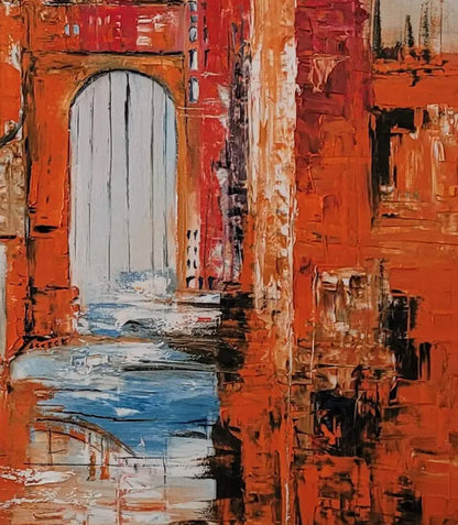 Detailaufnahme Die Brücke – Vertikale Strukturen und Spannseile in Rostrot, Roger Ziereisen | Kunst-Direkt.de
