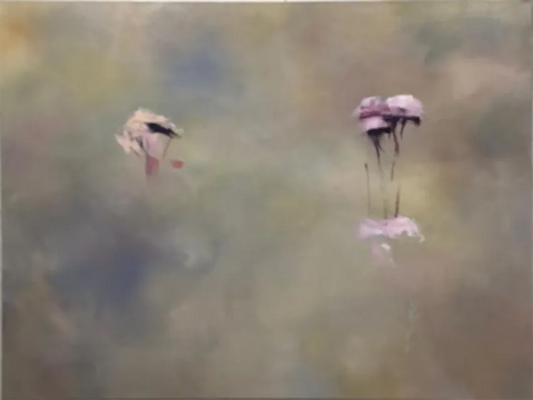 acrylgemälde, 160x 120 cm, kleinne violette Blüten schweben über der Oberfläche des Bildes, Marion Schmidtke, Kunst-Direkt.de