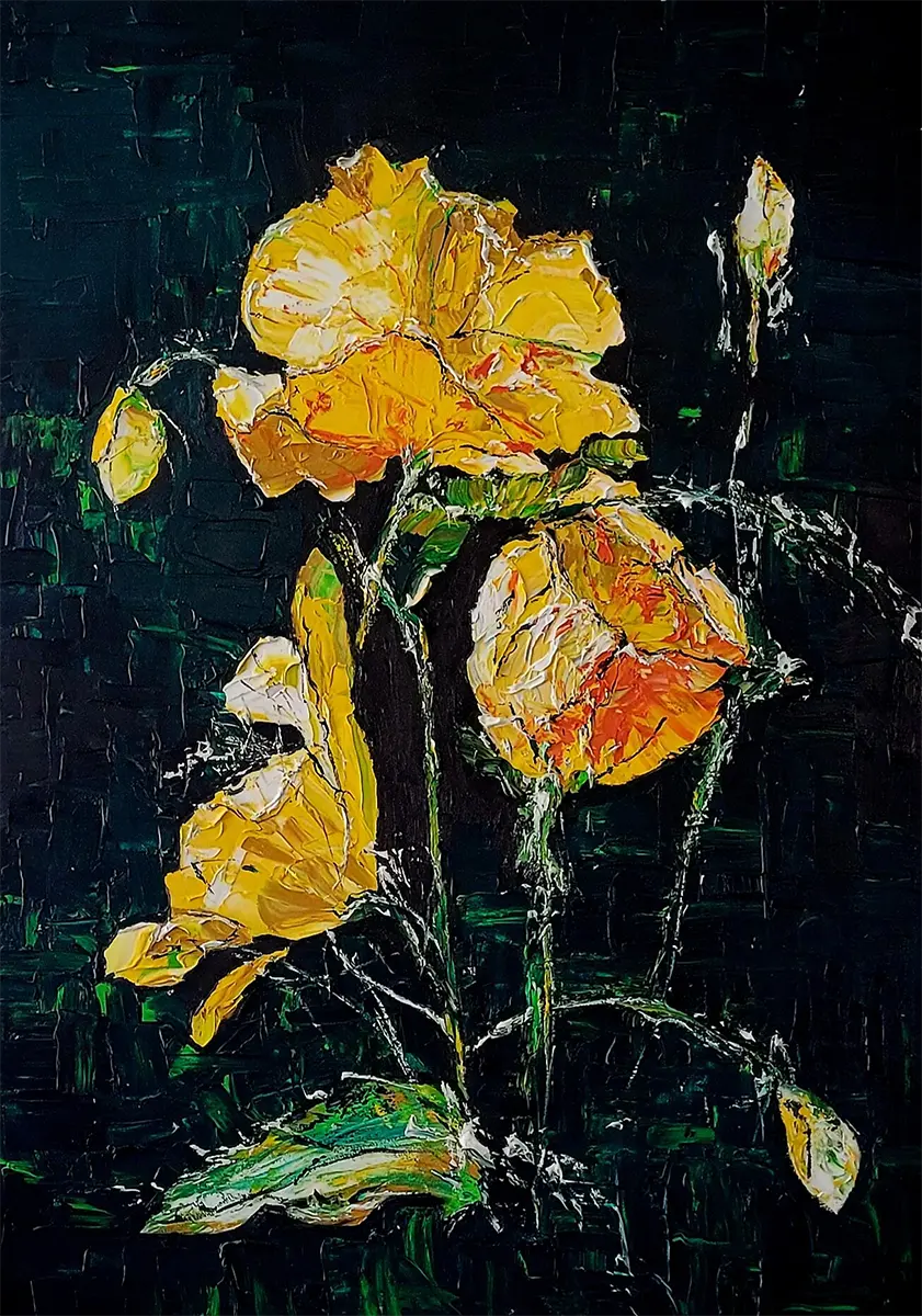 Gelber Mohn – Ölgemälde von Roger Ziereisen, 70x50 cm, Malmesser-Technik, Lebenszyklus der Mohnblüte | Kunst-Direkt.de
