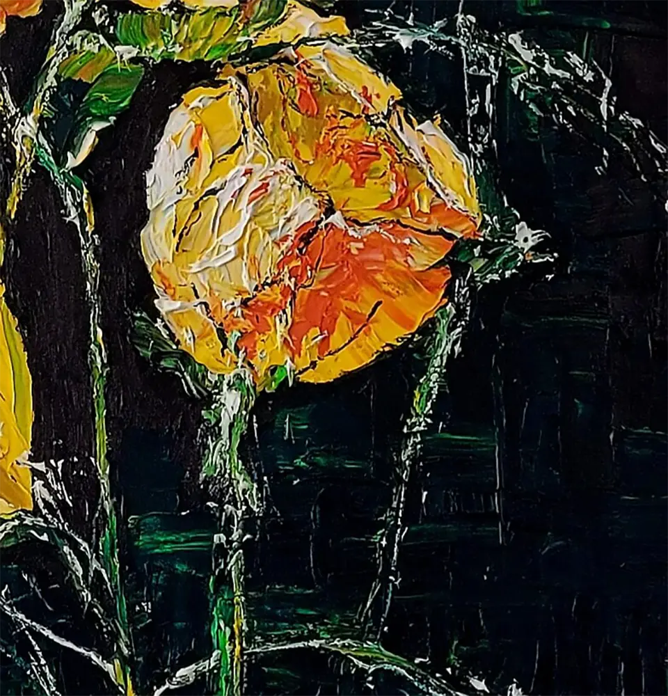 Detailaufnahme Gelber Mohn – Reliefartige Malmesser-Textur in Gelb und Dunkelbraun, Roger Ziereisen | Kunst-Direkt.de
