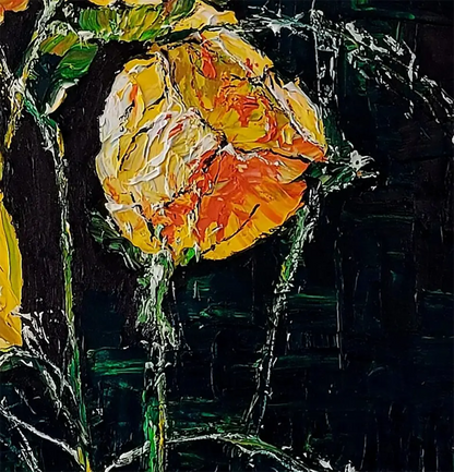 Detailaufnahme Gelber Mohn – Reliefartige Malmesser-Textur in Gelb und Dunkelbraun, Roger Ziereisen | Kunst-Direkt.de
