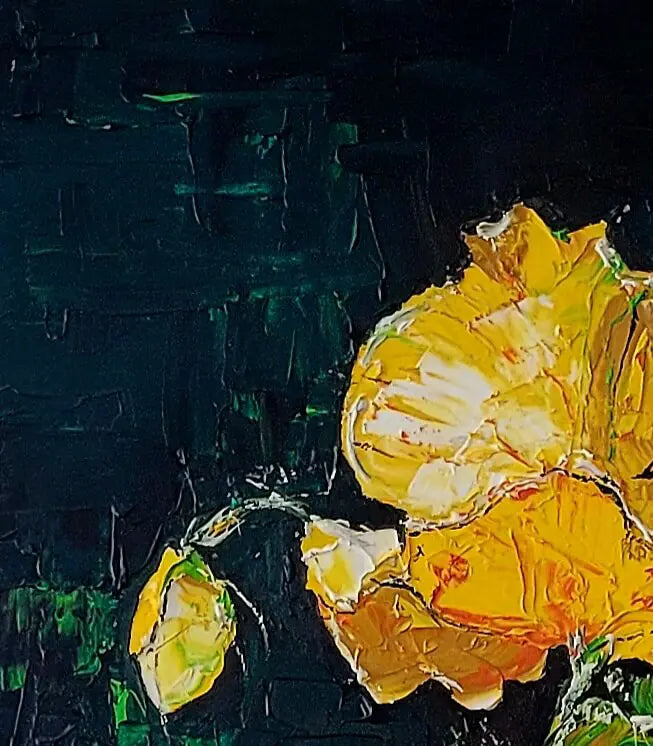 Detailaufnahme Gelber Mohn – Farbschichten und Knospen, Chronik der Zeitlichkeit, Roger Ziereisen | Kunst-Direkt.de
