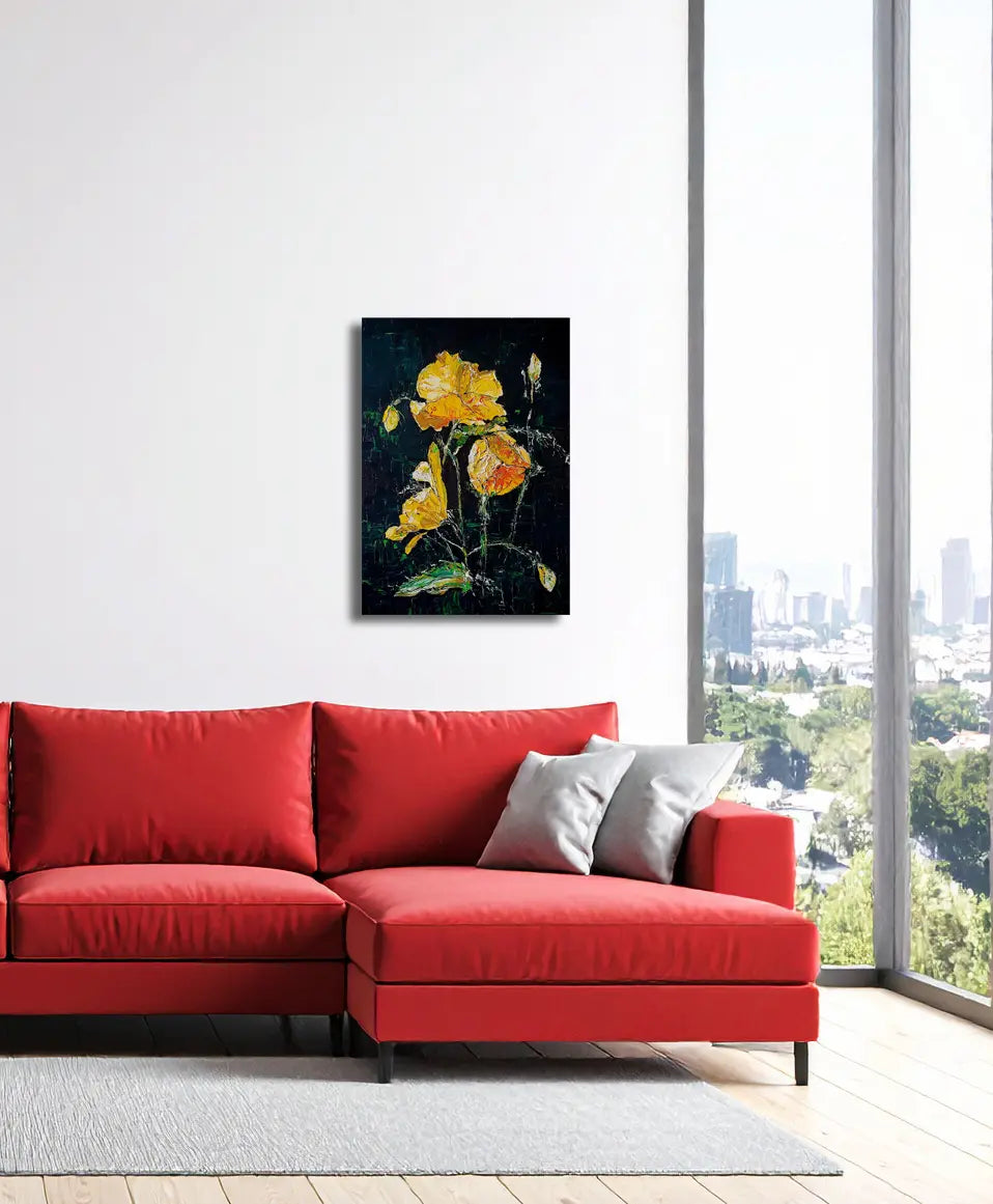 Gelber Mohn von Roger Ziereisen an der Wand – Expressives Blumenstillleben, 70x50 cm, Öl auf Leinwand | Kunst-Direkt.de
