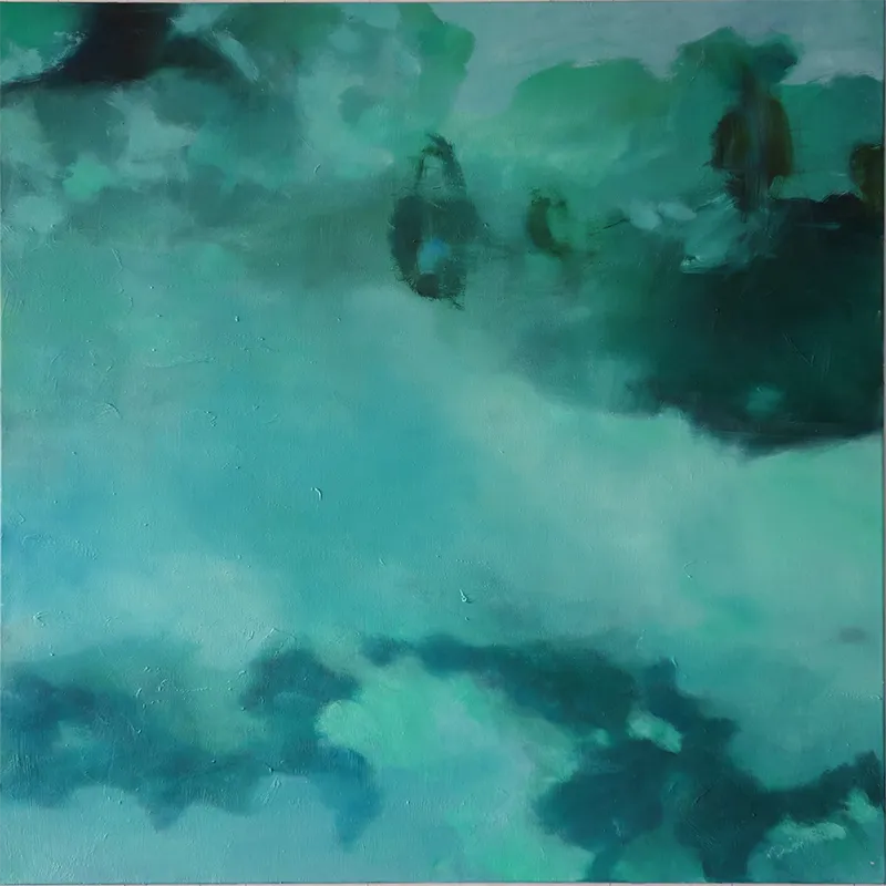 Quadratisches Gemälde des grünen Ozeans, kein Horizont, Lichtreflexe