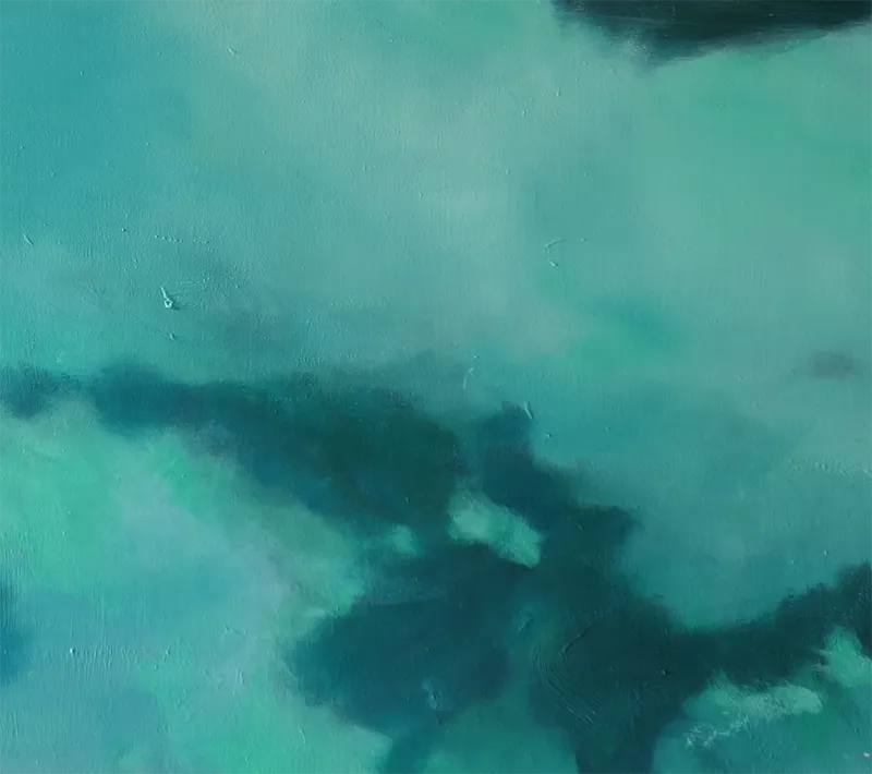 Quadratisches Gemälde des grünen Ozeans, kein Horizont, Lichtreflexe, Lichtreflexe auf dem Wasser