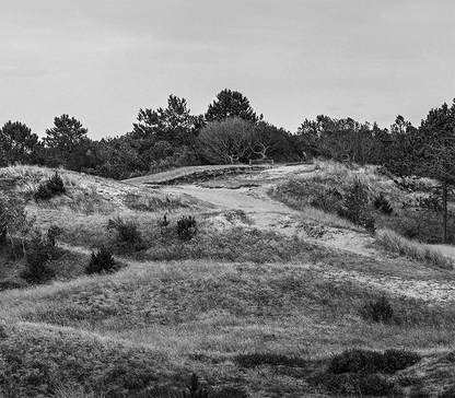 Ein Kirchturm steht in einer Hügellandschaft, s/w Foto, mystisch, querformat, detail der Landschaft, 120 x 90 cm, Thomas Dalecki, Kunst-Direkt.de