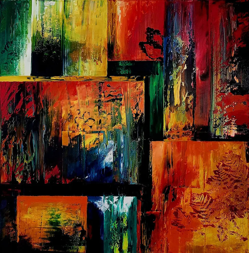 Le jardin – Ölgemälde von Roger Ziereisen, 100x100 cm, echte Pflanzenteile eingearbeitet, Rot Gelb Grün | Kunst-Direkt.de
