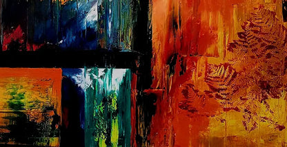 Detailaufnahme Le jardin – Farbexplosion in Rot und Gelb, architektonisches Raster, Roger Ziereisen | Kunst-Direkt.de
