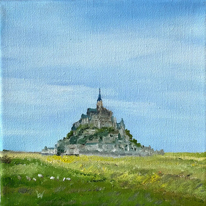 Miniaturbild Le Mont-Saint-Michel, Ölgemälde 15 x 15 cm, blauer Himmel, der Berg, grüne Wiese bei Ebbe, Gerd Pfanstiel. Kunst-Direkt.de