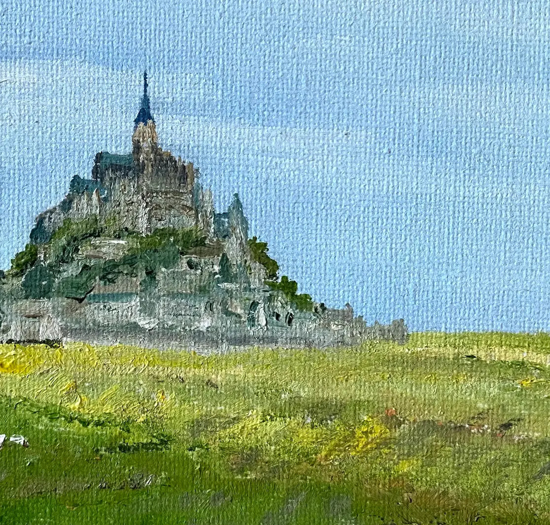 Miniaturbild Le Mont-Saint-Michel, Ölgemälde 15 x 15 cm, blauer Himmel, der Berg, grüne Wiese bei Ebbe, detail berg, Gerd Pfanstiel. Kunst-Direkt.de