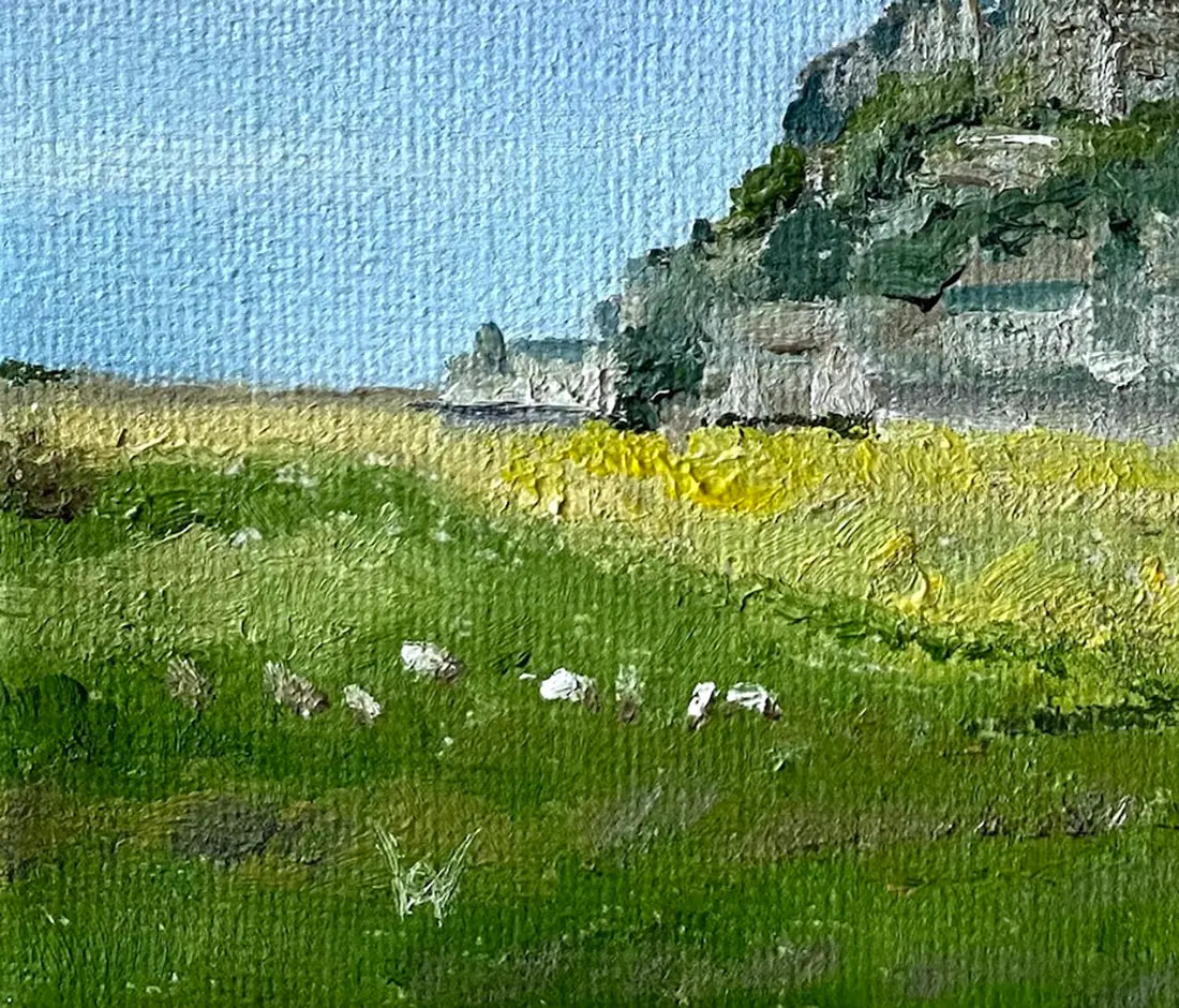 Miniaturbild Le Mont-Saint-Michel, Ölgemälde 15 x 15 cm, blauer Himmel, der Berg, grüne Wiese bei Ebbe, Detail Wiese, Gerd Pfanstiel. Kunst-Direkt.de