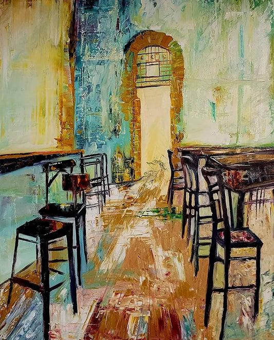 Le café – Ölgemälde von Roger Ziereisen, 80x100 cm, reine Spachteltechnik, Café-Interieur mit Torbogen | Kunst-Direkt.de
