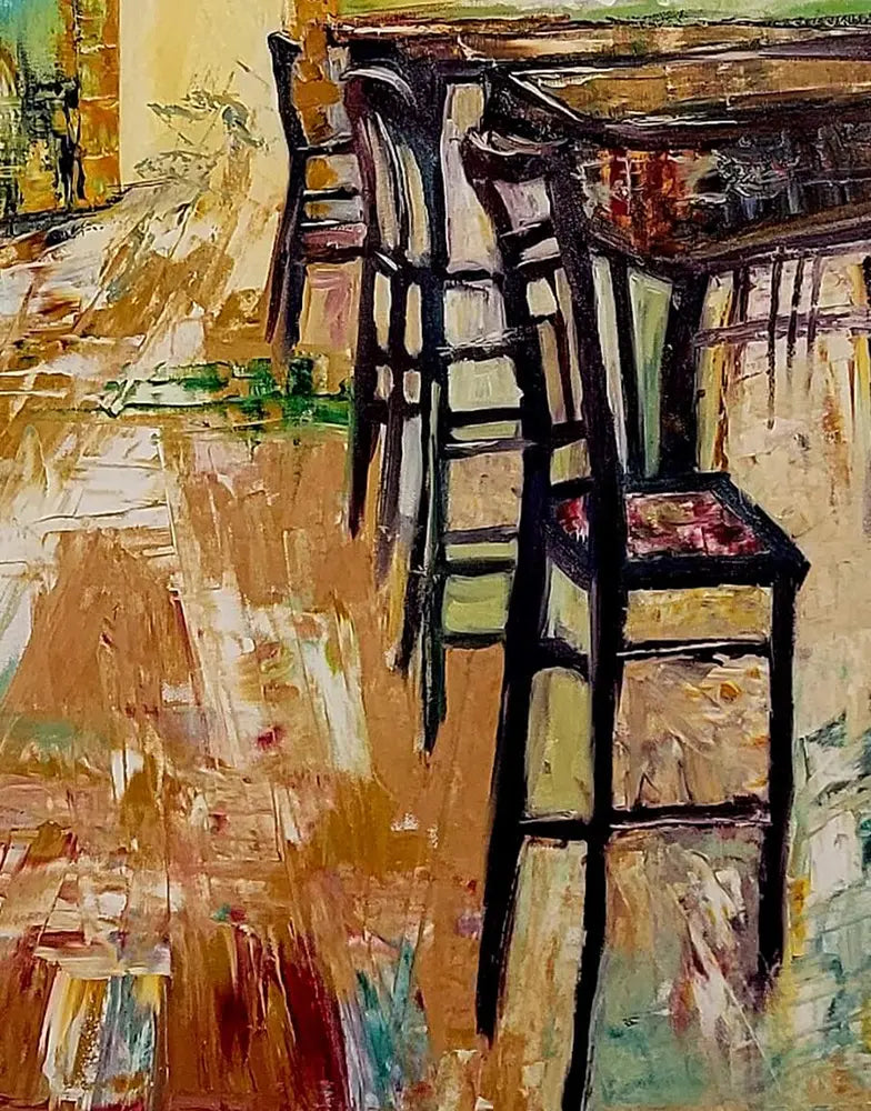 Detailaufnahme Le café – Dunkle Stuhlsilhouetten und vibrierendes Farbspektrum, Roger Ziereisen | Kunst-Direkt.de
