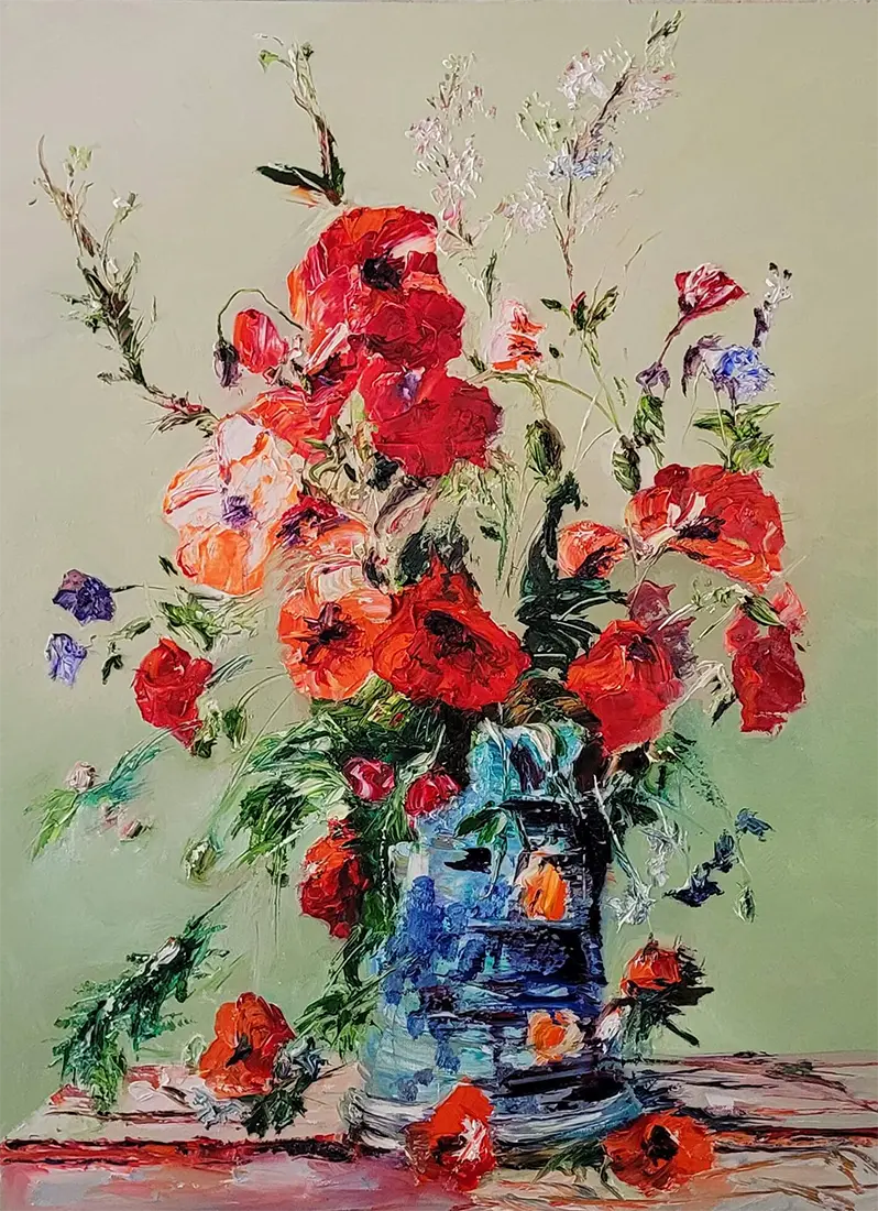 Mohnblüte – Ölgemälde von Roger Ziereisen, 70x50 cm, pastose Farbschichten, Rot und Orange auf Salbeigrün | Kunst-Direkt.de
