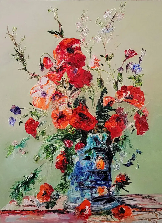Mohnblüte – Ölgemälde von Roger Ziereisen, 70x50 cm, pastose Farbschichten, Rot und Orange auf Salbeigrün | Kunst-Direkt.de
