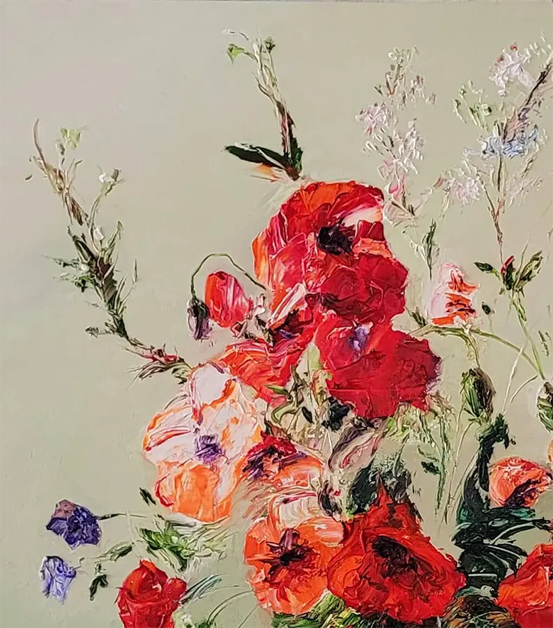 Detailaufnahme Mohnblüte – Plastische Präsenz der Mohnblüten, pastose Öltechnik, Roger Ziereisen | Kunst-Direkt.de
