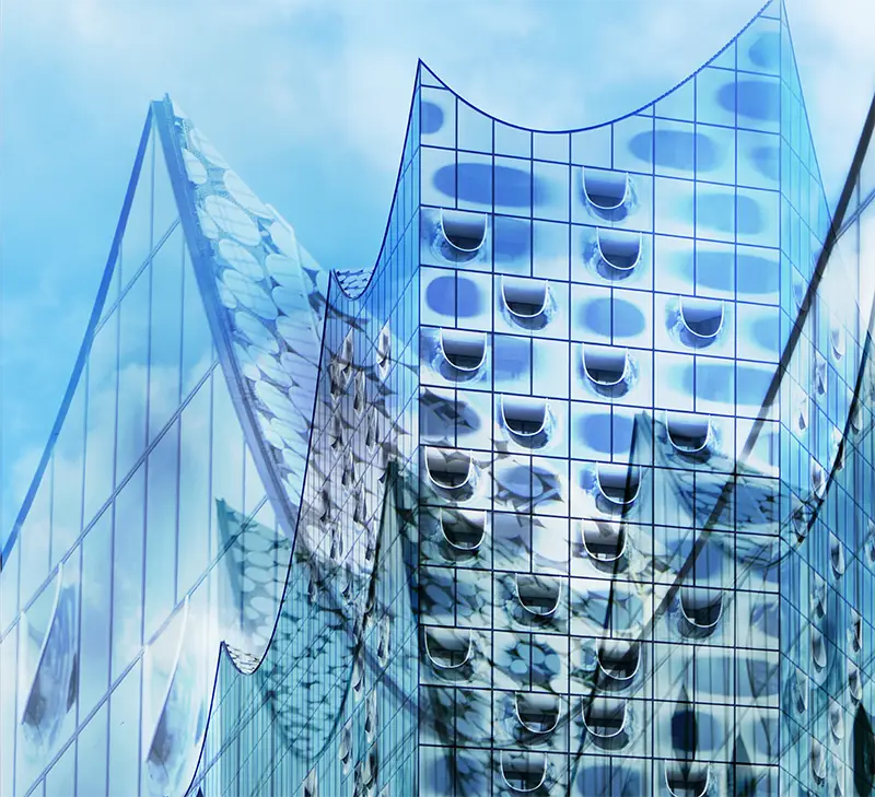 Verschiedene Ansichter der Elbphilharmonie miteinander kombiniert und übereinander gestellt, Detailansicht der oberen Seite der Elbphilharmonie