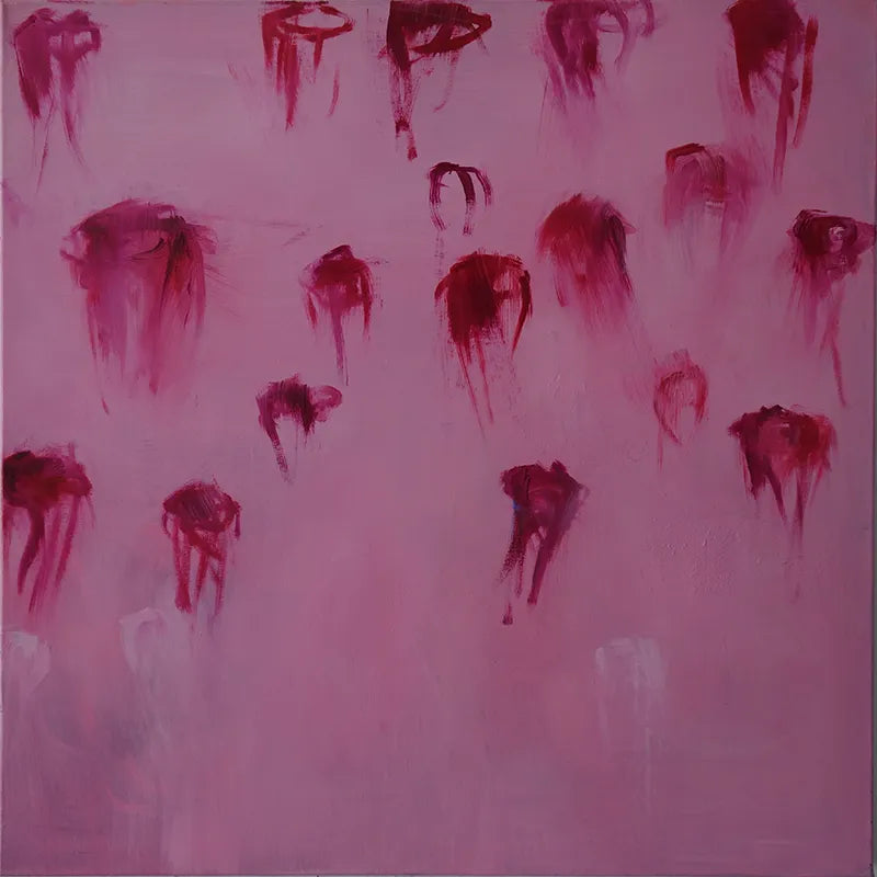 acrylgemälde, 80 x 80 cm, kleine rote Quallen schweben im Wasser, Marion Schmidtke, Kunst-Direkt.de