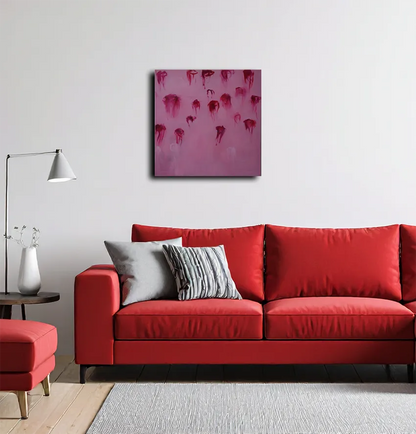 acrylgemälde, 80 x 80 cm, kleine rote Quallen schweben im Wasser, hängend, Marion Schmidtke, Kunst-Direkt.de