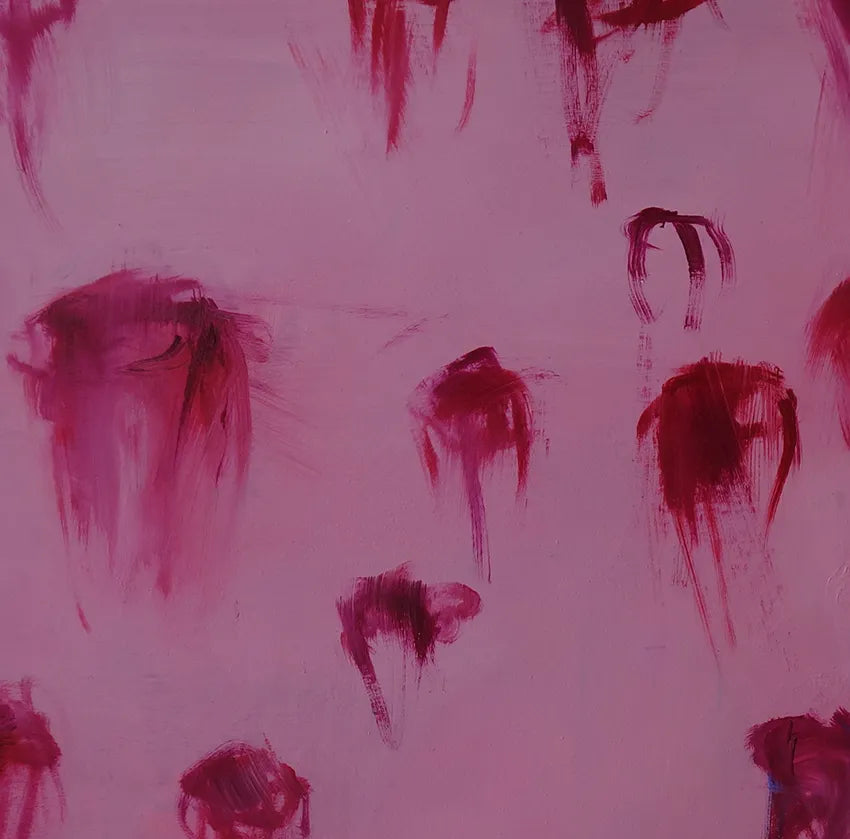 acrylgemälde, 80 x 80 cm, kleine rote Quallen schweben im Wasser, details quallen, Marion Schmidtke, Kunst-Direkt.de