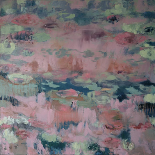 acrlygemälde, 160 x 160 cm, violette Blüten schwimmen auf einem Teich, abstrakt, Marion Schmidtke, Kunst-Direkt.de