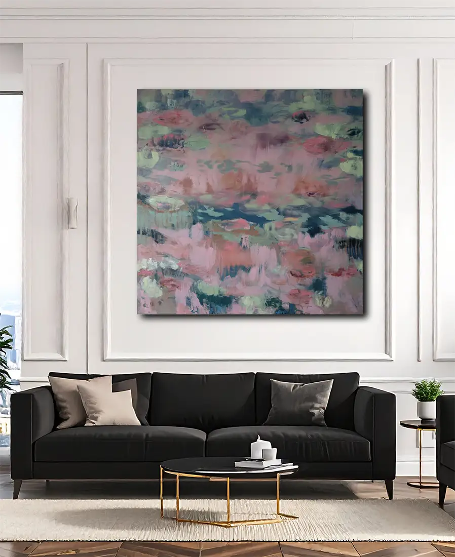 acrlygemälde, 160 x 160 cm, violette Blüten schwimmen auf einem Teich, abstrakt, Marion Schmidke, hängend, Kunst-Direkt.de