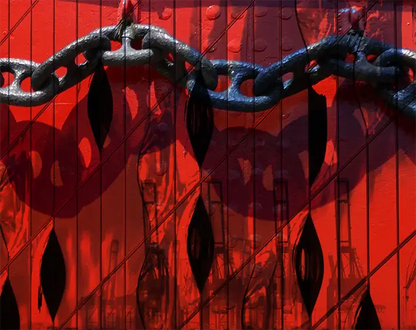 Die  Elbphilharmonie wurde mit der Bordwand eines roten Schiffes kombiniert, eine scharze Ankerkette läuft über die Bordwand, Detail der Ankerkette 