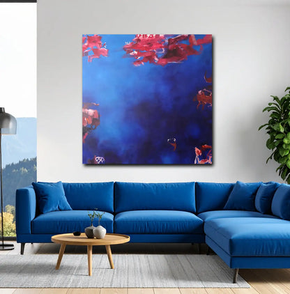 acrylgemälde, 160 x 160 cm, rote Korallen im blauen Wasser, an wand, Marion Schmidtke, Kunst-Direkt.de