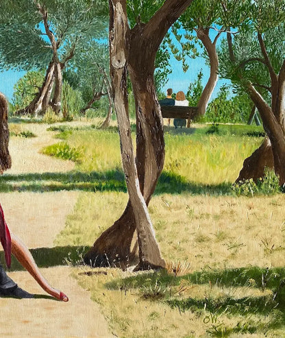 Ögemälde, Ein Paar tanz in einem Olivenhain Tango, dramatische Schatten, helles Licht, 60x80 cm, Details Bäume, Gerd Pfanstiel, Kunst-Direkt.de