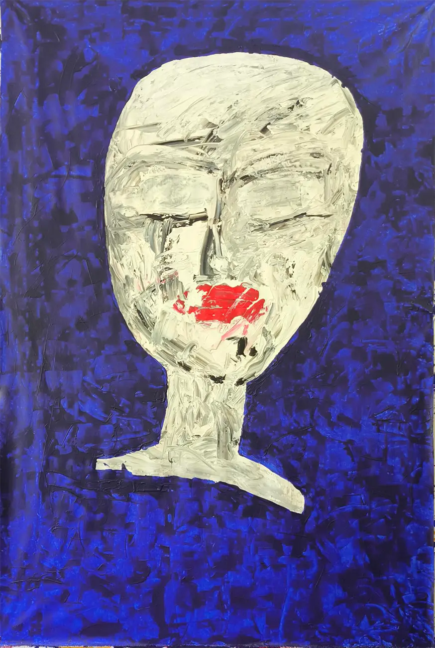 Silent Echo – Acrylgemälde von Gerd Leins, 106x160 cm, abstraktes Porträt in Ultramarinblau mit roter Lippenpartie, Unikat | Kunst-Direkt.de
