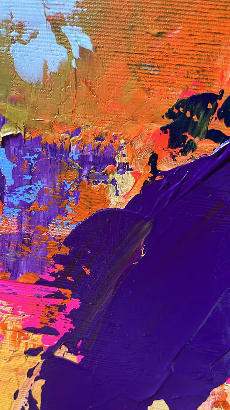 Detailaufnahme Spirit – Neonpink-Bögen als elektrisierender Farbakzent, Feuer trifft Wasser, reliefartige Dreidimensionalität, Maren Lüke-Amato | Kunst-Direkt.de

