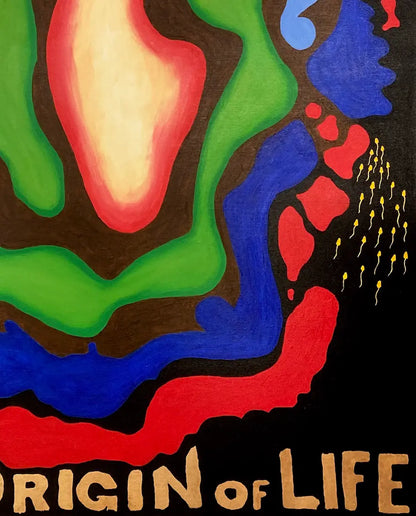 abstraktes Gemälde, konzentrische Strukturen um eine helle Mitte, rote, grüne, blaue und gelbe Strukturen, details farben, 120x80 cm, Gerd Pfanstiel, Kunst-Direkt.de