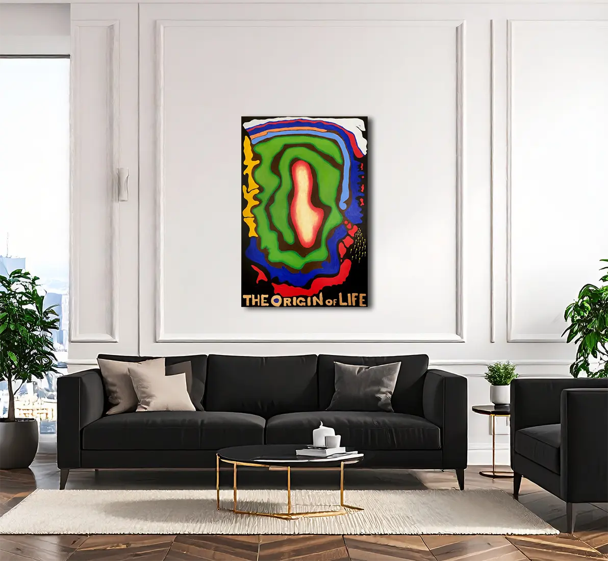 abstraktes Gemälde, konzentrische Strukturen um eine helle Mitte, an Wand hängend, rote, grüne, blaue und gelbe Strukturen, 120x80 cm, Gerd Pfanstiel, Kunst-Direkt.de