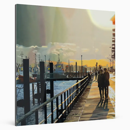 Fineart Print eines Ölgemäldes von Ulla Kutter, ein Paar geht in Hamburg an der Elbe mit Schleppern im Hintergrund spazieren.