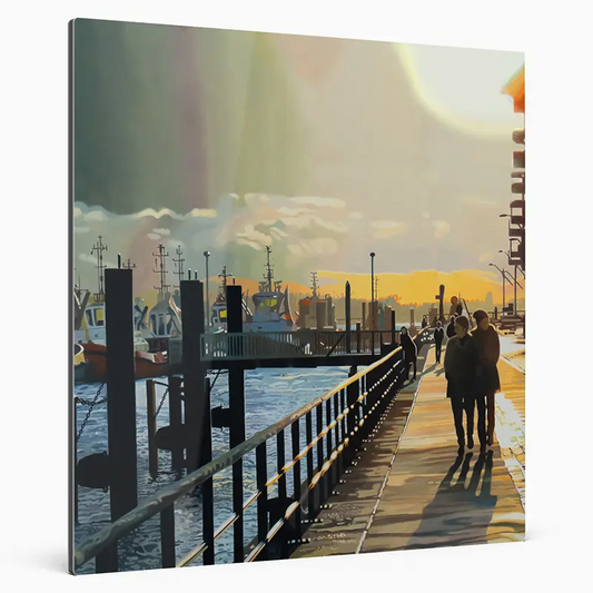 Fineart Print eines Ölgemäldes von Ulla Kutter, ein Paar geht in Hamburg an der Elbe mit Schleppern im Hintergrund spazieren.