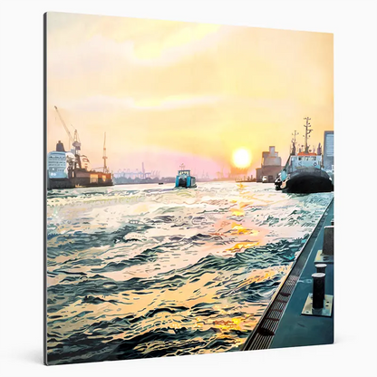 Motiv Hafen im Abendlicht mit Fähre auf der Elbe, Ansicht schräg von links
