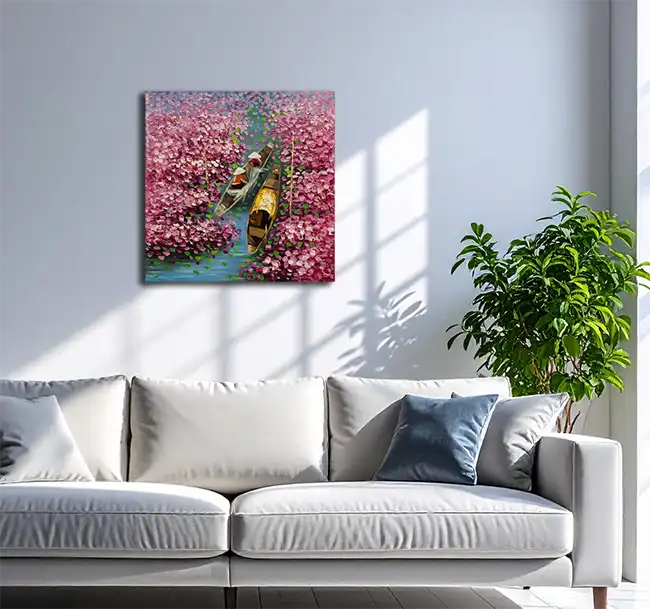 Violett am Fluß - Landschaftsmalerei -ölgemälde auf Leinwand, an heller wand hängend