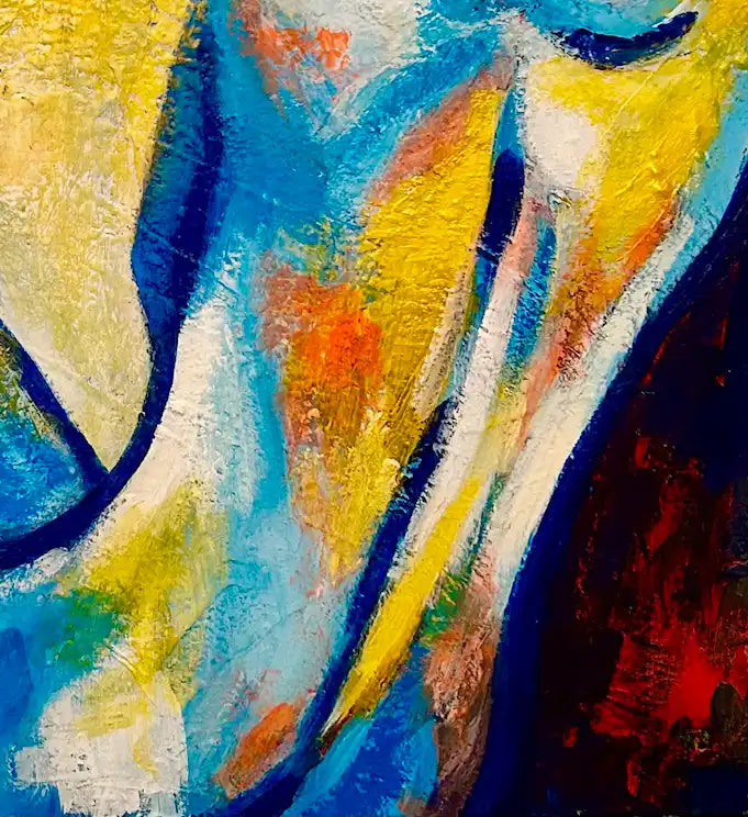 Modernes Acrylgemälde einer weiblichen Silhouette von Künstlerin Dea: Strukturierter Farbauftrag in Blau, Gelb und Rot, 60x60 cm Unikat. Kunst-Direkt.de detail figur, Kunst-Direkt.de