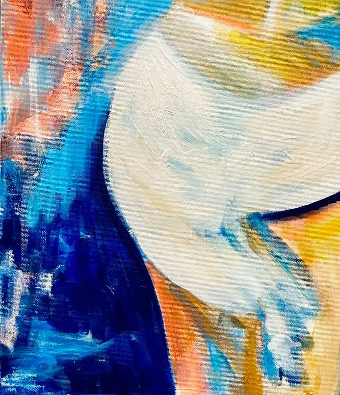 Modernes Acrylgemälde einer weiblichen Silhouette von hinten von Künstlerin Dea: Lebhafter Farbauftrag in Blau, Rosa und Gold, 60x80 cm Unikat. Detail farben