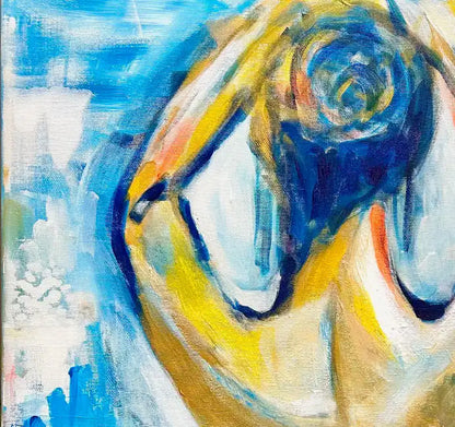Modernes Acrylgemälde einer weiblichen Silhouette von hinten von Künstlerin Dea: Lebhafter Farbauftrag in Blau, Rosa und Gold, 60x80 cm Unikat. Detail figur. Kunst-Direkt.de