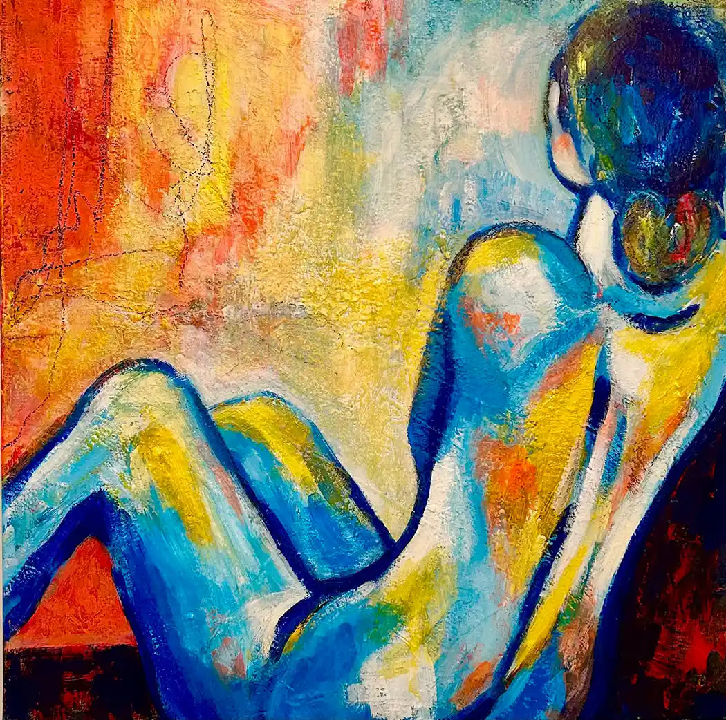 Modernes Acrylgemälde einer weiblichen Silhouette "von der Seite" von Künstlerin Dea: Strukturierter Farbauftrag in Blau, Gelb und Rot, 60x60 cm Unikat.