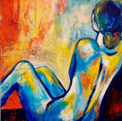 Modernes Acrylgemälde einer weiblichen Silhouette "von der Seite" von Künstlerin Dea: Strukturierter Farbauftrag in Blau, Gelb und Rot, 60x60 cm Unikat.