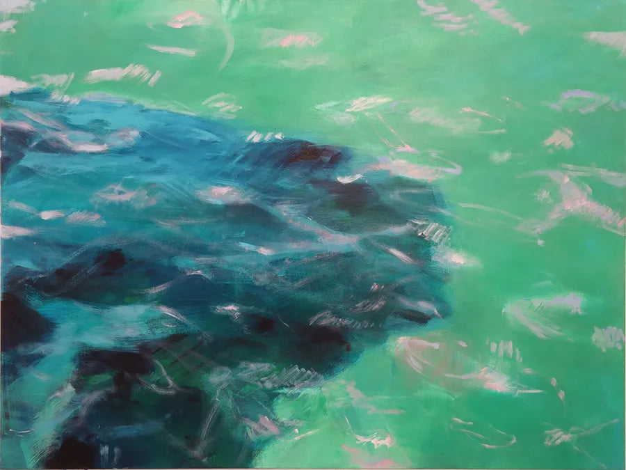 Acrylgemälde, 120 x 160 cm, schemenhaft schwimmt ein Wal im grünen Wasser,  grün und hellblau, Marion Schmidtke, Kunst-Direkt.de