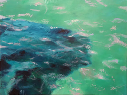 Acrylgemälde, 120 x 160 cm, schemenhaft schwimmt ein Wal im grünen Wasser,  grün und hellblau, Marion Schmidtke, Kunst-Direkt.de