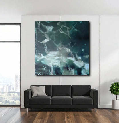 Acrylgemälde, 160 x 160 cm, Reflexionen auf dem Wasser, hängend, grün und hellgrün, abstrakt, Marion Schmidtke, Kunst-Direkt.de